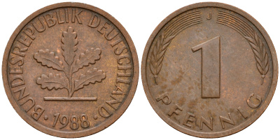 ФРГ 1 пфенниг 1988 J KM 105, J. 380 сталь плакированная медью    4598-655