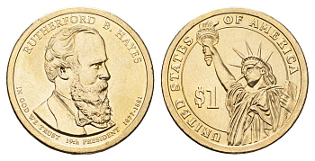 США 1 доллар 2011 P, Президент США - Ратерфорд Хейз (1877-1881) KM 501 медь с марганцево-латунным покрытием UNC 4624-712