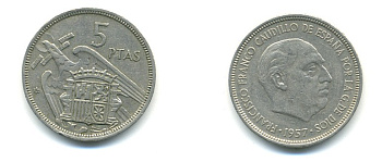 ИСПАНИЯ 5 ПЕСЕТ 1957 (74) ФРАНСИСКО ФРАНКО ДИКТАТОР ИСПАНИИ (1939-1975) KM 786 медно-никель 80-1124