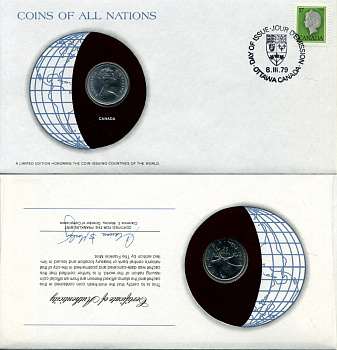 КАНАДА 25 ЦЕНТОВ 1979 конверт с маркой первого дня гашения, Coins of Nations KM 74 никель UNC 4294-26-3