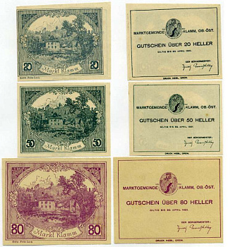 Австрия, Клам набор из 3 банкнот 20, 50,  80 геллеров 1921 30 апреля 1921, нотгельд   бумага  UNC (пресс) 7555-15-1-1