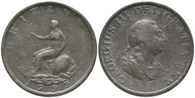 Великобритания 1/2 пенни 1799 Георг III (1760-1820) KM 647, Spink 3778 медь 32-411