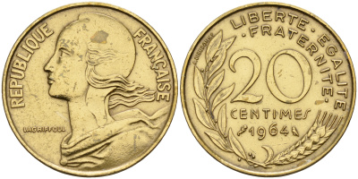 Франция 20 сантимов 1964 тип Марианна KM 930 медь алюминий никель    4153-355