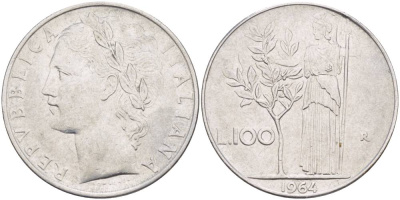 ИТАЛИЯ 100 ЛИР 1964 R, АФИНА У ОЛИВКОВОГО ДЕРЕВА KM 96.1 нержавеющая сталь 4545-633