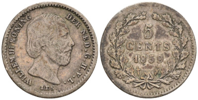 Нидерланды 5 центов 1859 Виллем III (1849-1890) KM 91 серебро 4576-824