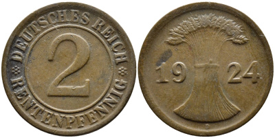 ГЕРМАНИЯ 2 РЕНТЕНПФЕННИГА 1924 D KM 31, J.307 бронза 4387-1133