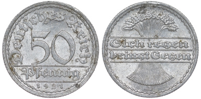 Германия 50 пфеннигов 1921 A KM 27, J. 301 алюминий 4163-1021