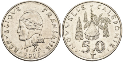 Французская Новая Каледония 50 франков 2003 хижина среди сосен и пальм, (IEOM) KM 13, Schoen 15, Lec 121 никель 4123-1214