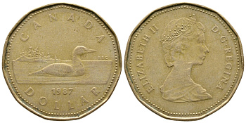 КАНАДА 1 ДОЛЛАР 1987 УТКА KM 157 никель плакированный позолоченной бронзой 93-831