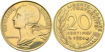 Франция 20 сантимов 1994 тип Marianne KM 930 медь алюминий никель    4177-137