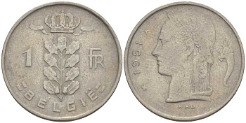 БЕЛЬГИЯ 1 ФРАНК 1951 BELGIE, БОДУЭН I (1951-1993) KM 143.1 медно-никель 213-322