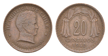 Чили 20 сентаво 1943 KM 177 медь 4651-944