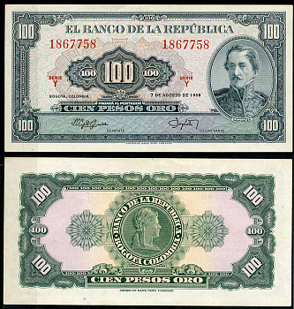 Колумбия 100 песо 1958 генерал Франсиско де Паула Сантандер Pick 403 a  бумага  UNC (пресс) 00-00