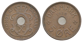 Дания 5 эре 1936 N, Кристиан X (1912-1947) KM 828 бронза 4638-624