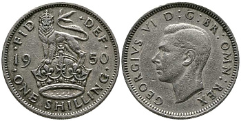 Великобритания 1 шиллинг 1950 Георг VI (1936-1952), Английский герб KM 876, Spink 4108 медно-никель 1518-542