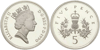 Великобритания 5 пенсов 1990 Елизавета II (1952-2022) KM 937a, Spink D3 серебро PROOF 1066-6-23