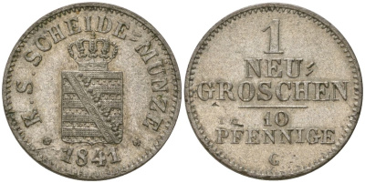 Саксония 1 новый грош - 10 пфеннигов 1841 G, Фридрих Август II (1836-1854) KM 1159 серебро 4547-221