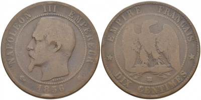 Франция 10 сантимов 1856 BB, Наполеон III (1852-1870) KM 771.3, Le Franc 133.34 бронза 114-642