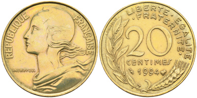 Франция 20 сантимов 1994 тип Marianne KM 930 медь алюминий никель    4177-137