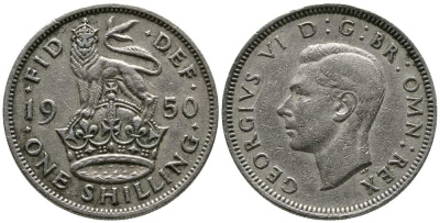 Великобритания 1 шиллинг 1950 Георг VI (1936-1952), Английский герб KM 876, Spink 4108 медно-никель 1518-542