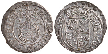 Ливония, Рига, Шведская оккупация 1621-1721 1/24 талера 1622 Густав II Адольф, штемпель KM 10 серебро  UNC  633-132