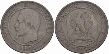 ФРАНЦИЯ 10 САНТИМОВ 1854 BB, НАПОЛЕОН III (1852-1870) KM 771.3, LE FRANC 133.12 бронза 38-935