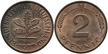 ФРГ 2 пфеннига 1977 D KM 106a, J. 381a сталь плакированная медью 99-232