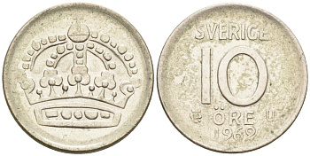 Швеция 10 эре 1962 Густав VI Адольф (1950-1973) KM 823 серебро 4585-353
