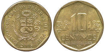 Перу 10 сентимо 2008 KM 305.4 латунь aUNC 4605-613