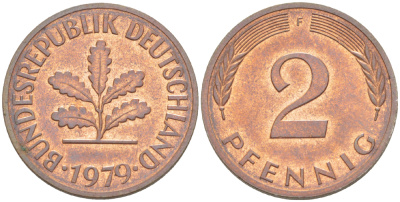 ФРГ 2 ПФЕННИГА 1979 F KM 106а, J. 381а сталь плакированная сталь плакированная медьюю 4181-832