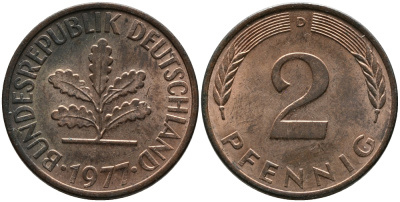 ФРГ 2 пфеннига 1977 D KM 106a, J. 381a сталь плакированная медью 99-232
