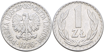 ПОЛЬША 1 ЗЛОТЫЙ 1976 КРЕМНИЦА KM 49.1, Parchimowicz 213n алюминий 216-827