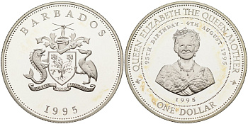 Барбадос 1 доллар 1995 95 лет со дня рождения Королевы-матери KM 65 серебро PROOF 1096-4-21