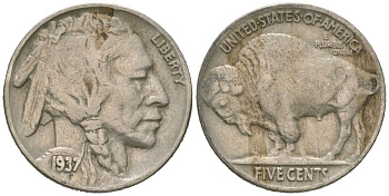 США 5 центов 1937 индеец, бизон KM 134 медно-никель 4602-356