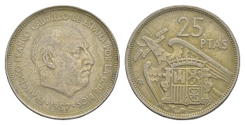 Испания 25 песет 1957 (58) Франсиско Франко (1939-1975) KM 787 медно-никель 4538-442