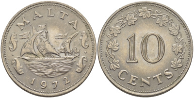 Мальта 10 центов 1972 баржа Великого магистра KM 11 медно-никель 82-631