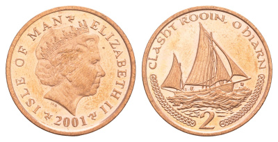 Остров Мэн 2 пенса 2001 Елизавета II (1952-2022) KM 1037 сталь плакированная медью UNC 4654-651