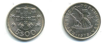 ПОРТУГАЛИЯ 5 ЭСКУДО 1975 ПАРУСНИК KM 591 медно-никель 176-223