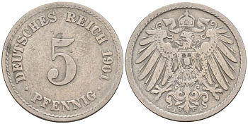 Германия 5 пфеннигов 1901 A KM 11, J. 12 медно-никель 4151-428