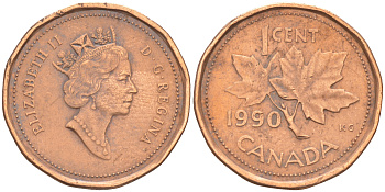 КАНАДА 1 ЦЕНТ 1990 ЕЛИЗАВЕТА II KM 181 бронза 188-768
