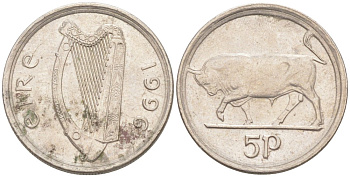 Ирландия 5 пенсов 1996 бык KM 28 медно-никель 188-126