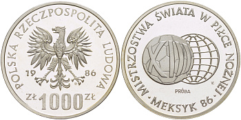 Польша 1000 злотых 1986 MW, чемпионат мира по футболу в Мексике 1986 года, футбольный мяч и глобус, PROBA, тираж 9000 экземпляров KM Pr 541, Parchimowicz P.486a серебро PROOF 1085-2-21