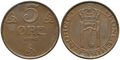 НОРВЕГИЯ 5 ЭРЕ 1940 ХОКОН VII (1905-1957) KM 368 бронза 67-133