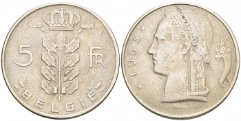 БЕЛЬГИЯ 5 ФРАНКОВ 1963 BELGIE, БОДУЭН I (1951-1993) KM 135.1 медно-никель 213-416