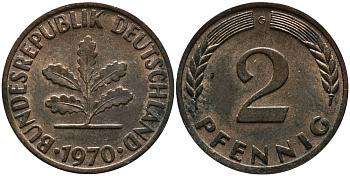 ФРГ 2 пфеннига 1970 G KM 106а, J.381а сталь плакированная медью 99-167