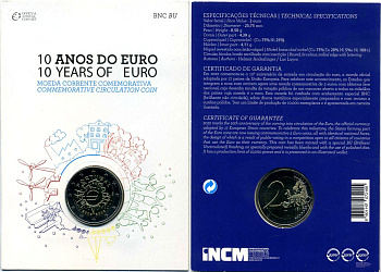 Португалия 2 евро 2012 10 лет монетарной политике и наличному евро, запайка, картонный буклет KM 812 биметалл BUNC 3-4-8-43