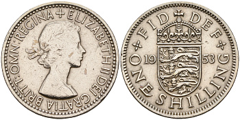 Великобритания 1 шиллинг 1953 Елизавета II (1952-2022), Английский герб KM 890, Spink 4139 медно-никель    4153-336