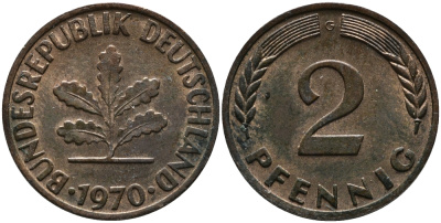 ФРГ 2 пфеннига 1970 G KM 106а, J.381а сталь плакированная медью 99-167