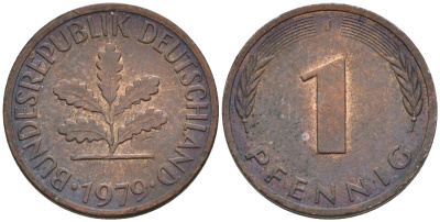 ФРГ 1 ПФЕННИГ 1979 J KM 105, J.380 сталь плакированная медью 75-425
