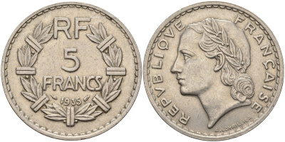 Франция 5 франков 1935 KM 888 никель 4144-421